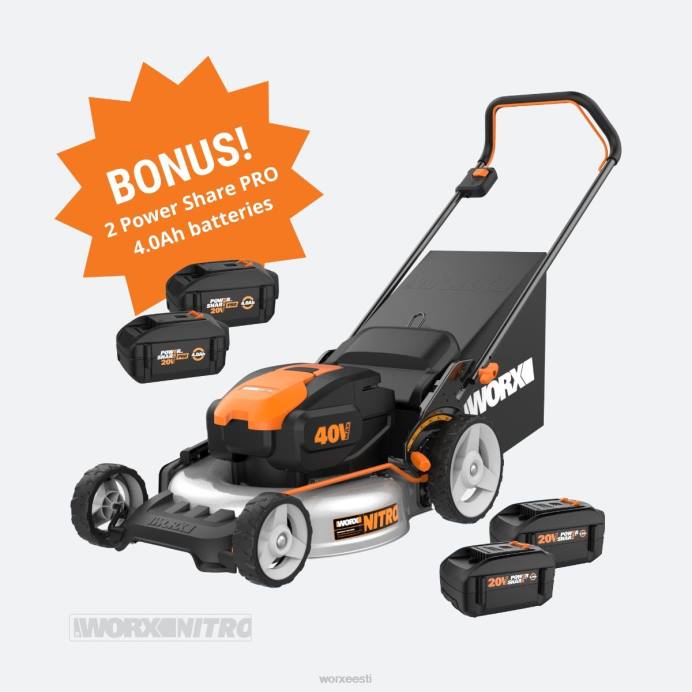 nitro 40v toitejaotus 20'' juhtmeta muruniiduk + 2 lisatasu 4,0ah akut VLRD58 aiatööriistad WORX